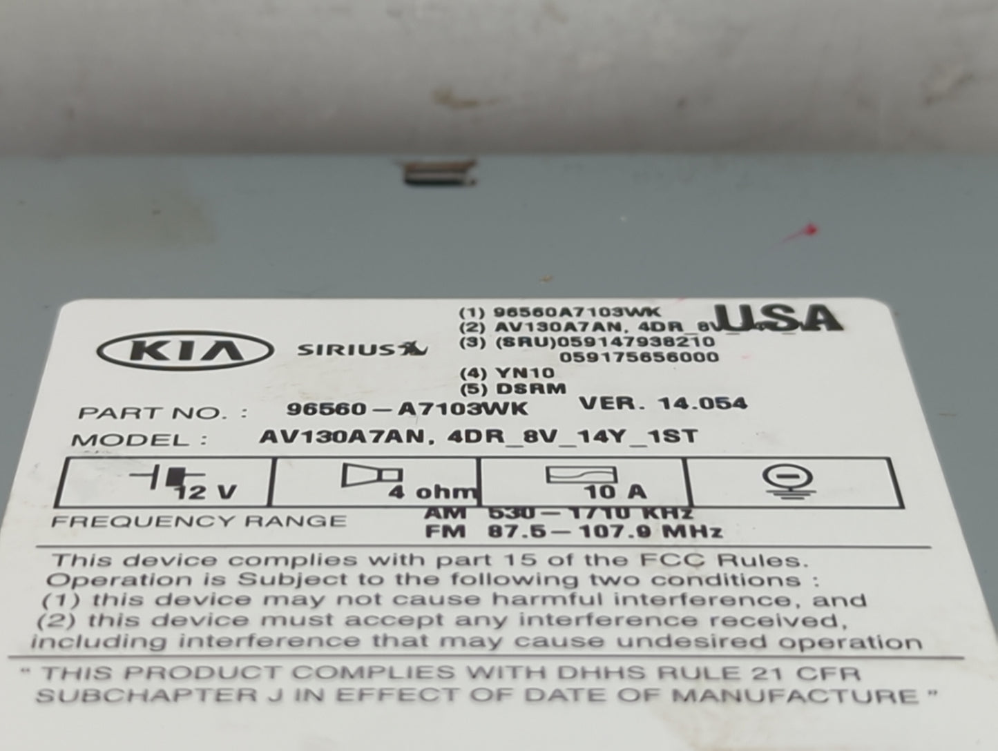 2014-2016 Kia Forte Radio AM FM Cd Player Receiver Replacement P/N:96560-A7103WK AV130A7AN Fits Fits 2014 2015 2016 OEM Used