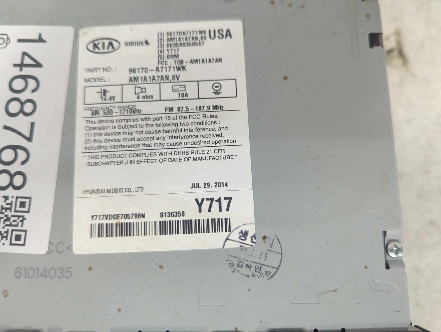 2014-2016 Kia Forte Radio AM FM Cd Player Receiver Replacement P/N:96170-A7171WK AM1A1A7AN,8V Fits Fits 2014 2015 2016 OEM U