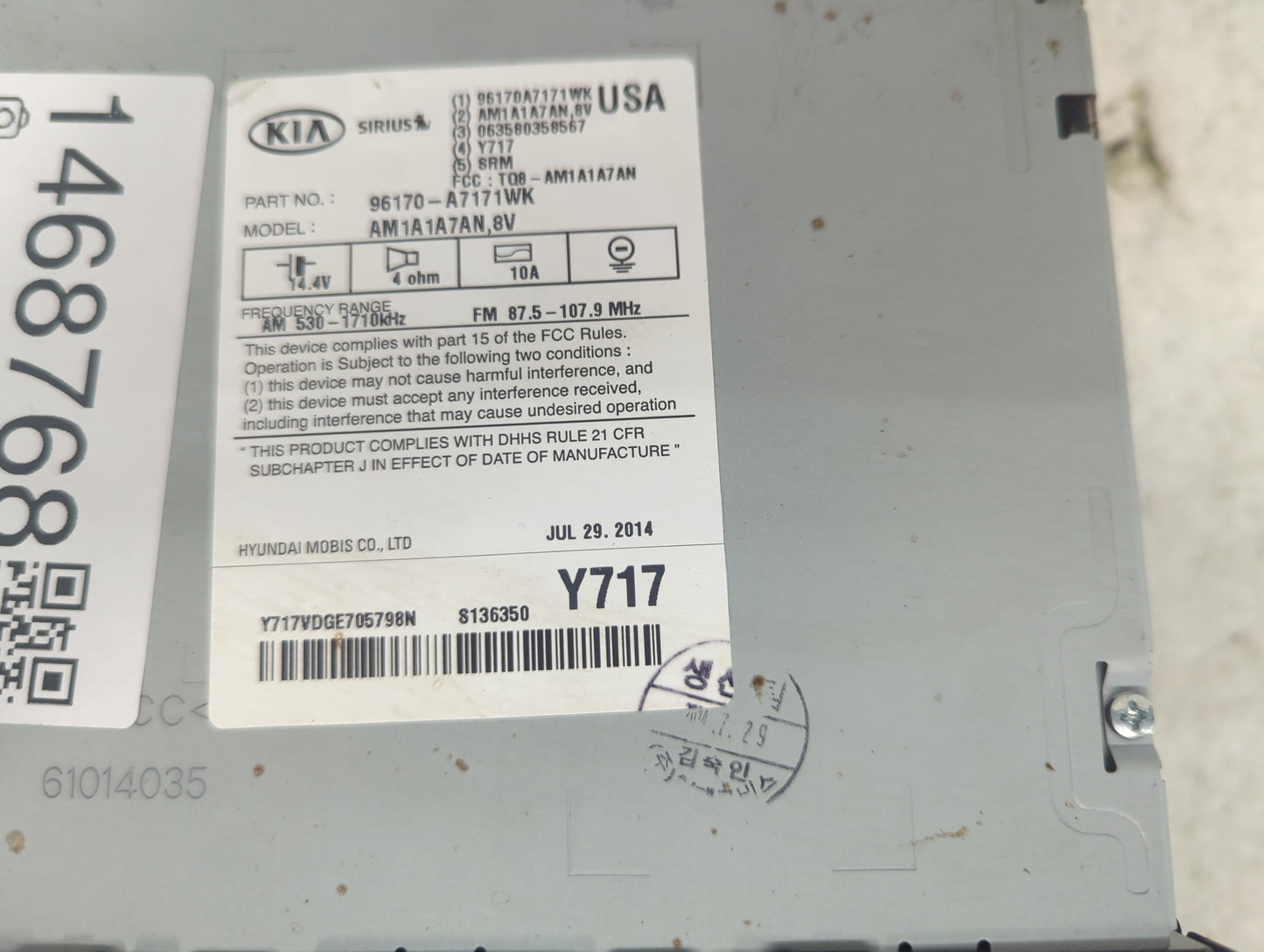 2014-2016 Kia Forte Radio AM FM Cd Player Receiver Replacement P/N:96170-A7171WK AM1A1A7AN,8V Fits Fits 2014 2015 2016 OEM U