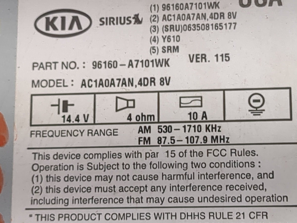 2014-2016 Kia Forte Radio AM FM Cd Player Receiver Replacement P/N:96160-A7101WK AC1A0A7AN Fits Fits 2014 2015 2016 OEM Used