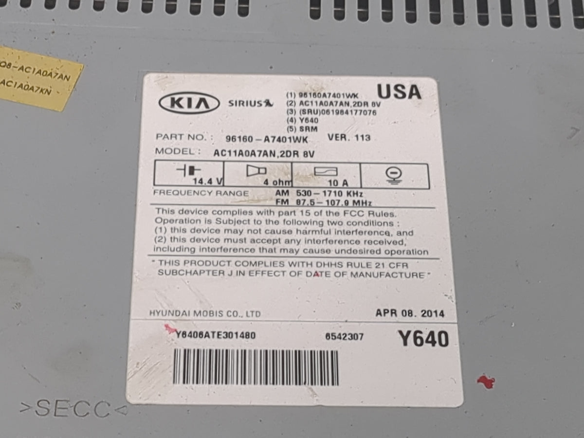 2014-2016 Kia Forte Radio AM FM Cd Player Receiver Replacement P/N:96160-A7401WK AC11A0A7AN,2DR 8V Fits Fits 2014 2015 2016 