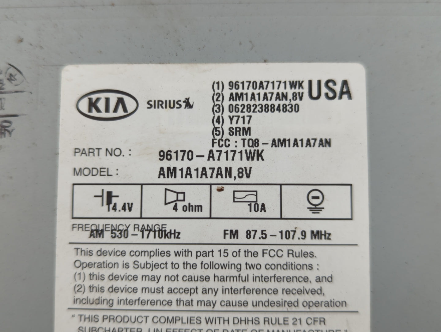 2014-2016 Kia Forte Radio AM FM Cd Player Receiver Replacement P/N:96170-A7171WK Fits Fits 2014 2015 2016 OEM Used Auto Part