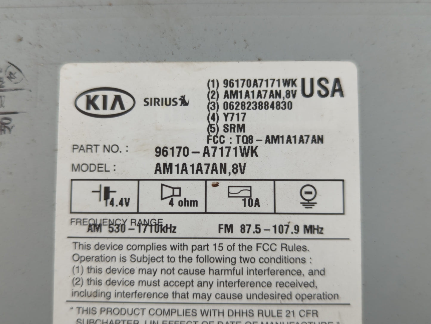 2014-2016 Kia Forte Radio AM FM Cd Player Receiver Replacement P/N:96170-A7171WK Fits Fits 2014 2015 2016 OEM Used Auto Part