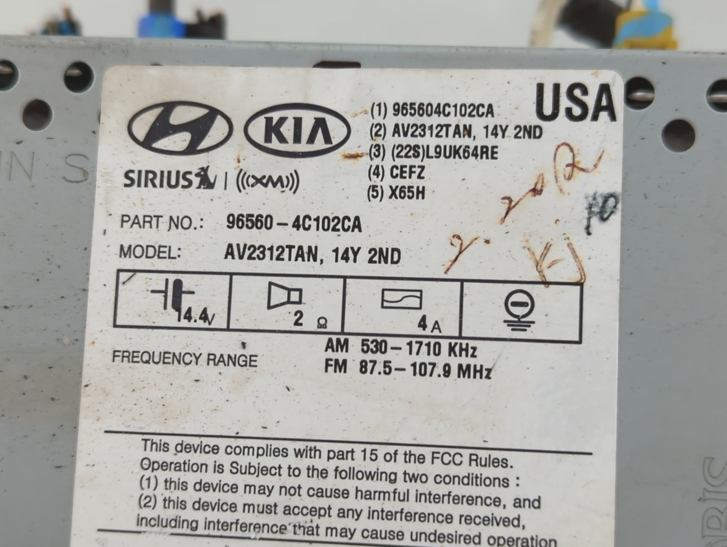 2014-2015 Kia Optima Radio AM FM Cd Player Receiver Replacement P/N:96560-4C102CA Fits Fits 2014 2015 OEM Used Auto Parts - 