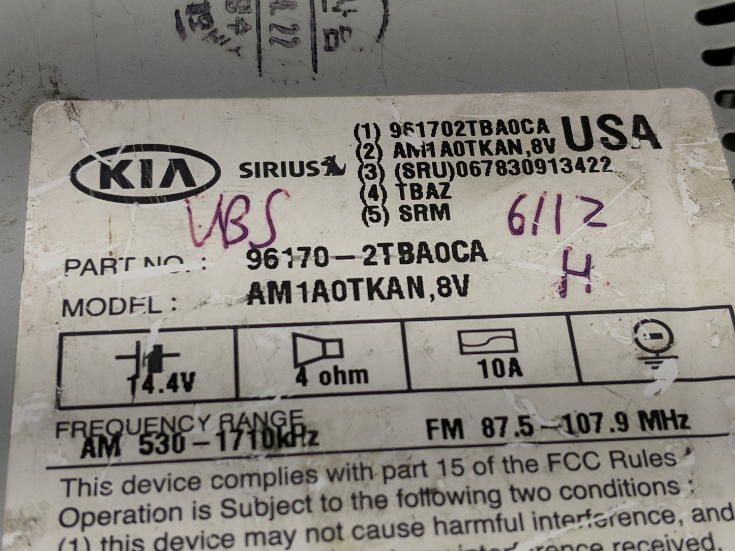 2015 Kia Optima Radio AM FM Cd Player Receiver Replacement P/N:96170-2TBA0CA Fits OEM Used Auto Parts - Oemusedautoparts1.co
