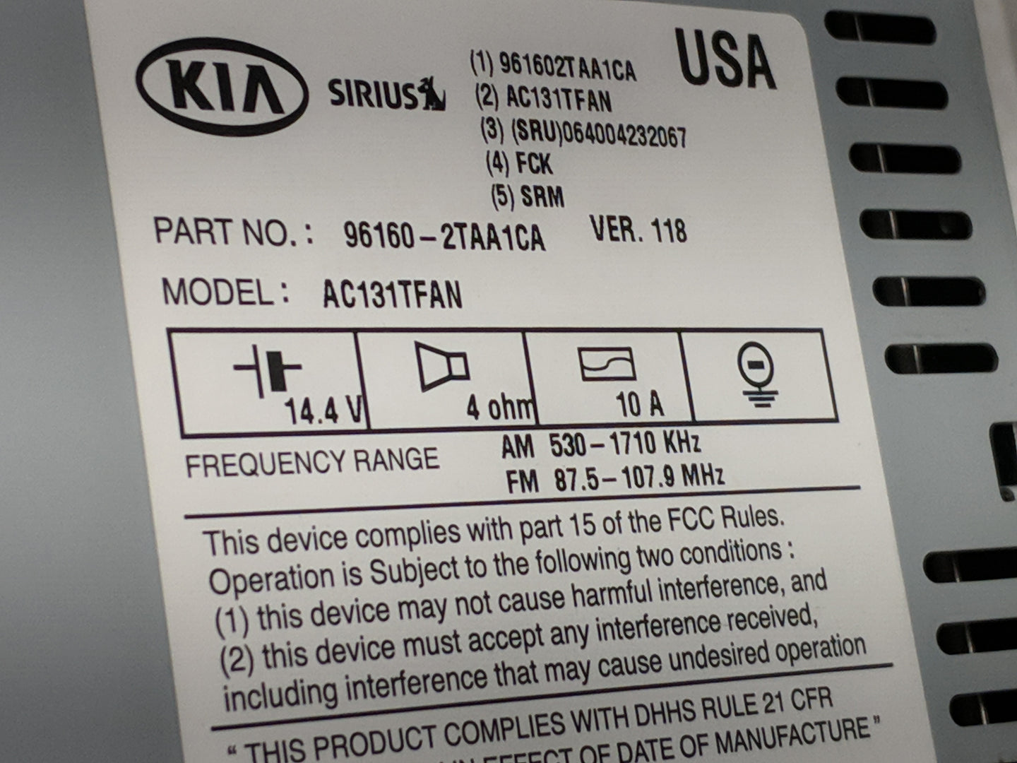 2014-2015 Kia Optima Radio AM FM Cd Player Receiver Replacement P/N:96160-2TAA1CA Fits Fits 2014 2015 OEM Used Auto Parts - 