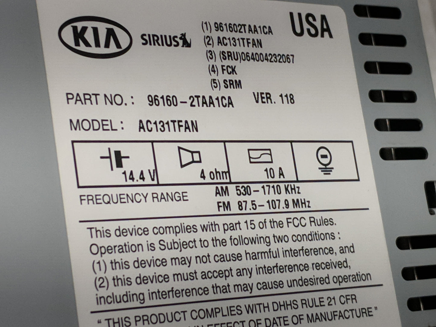 2014-2015 Kia Optima Radio AM FM Cd Player Receiver Replacement P/N:96160-2TAA1CA Fits Fits 2014 2015 OEM Used Auto Parts - 