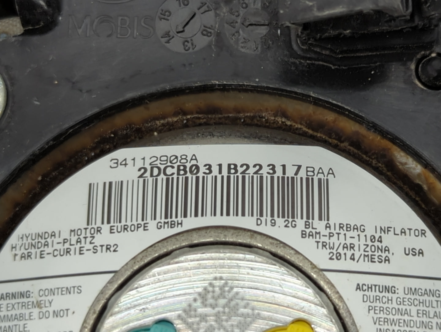 2015 Kia Optima Air Bag Driver Left Steering Wheel Mounted P/N:34112908A 2DCB031B22317BAA, BAM-PT1-1104 Fits OEM Used Auto P
