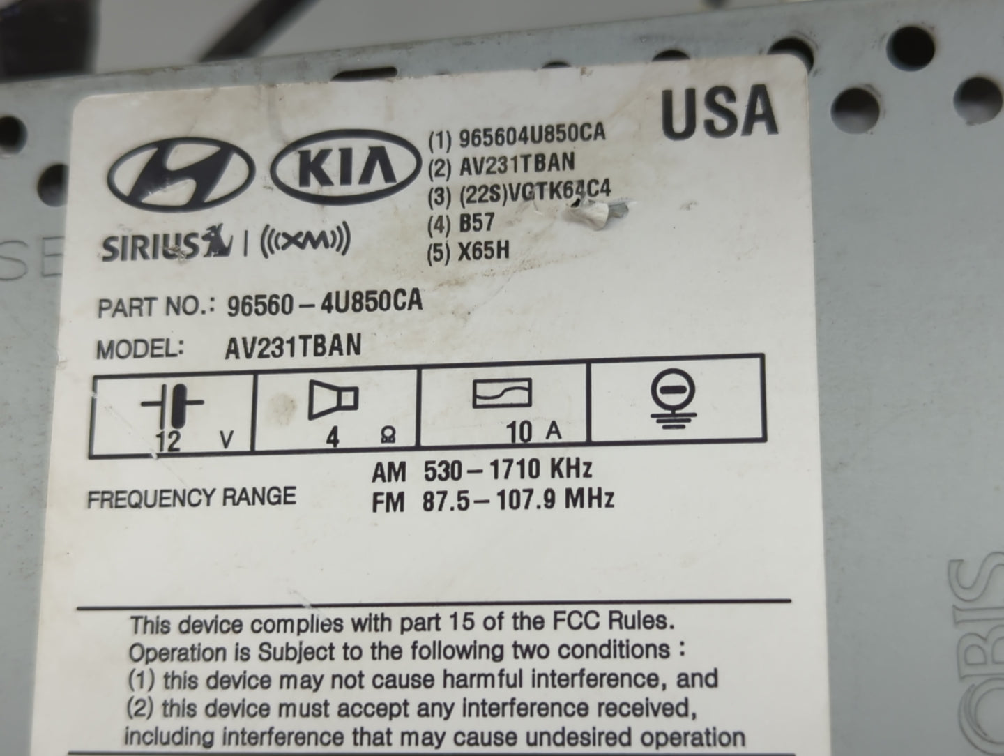 2015 Kia Optima Radio AM FM Cd Player Receiver Replacement P/N:96560-4U850CA AV231TBAN Fits OEM Used Auto Parts - Oemusedaut