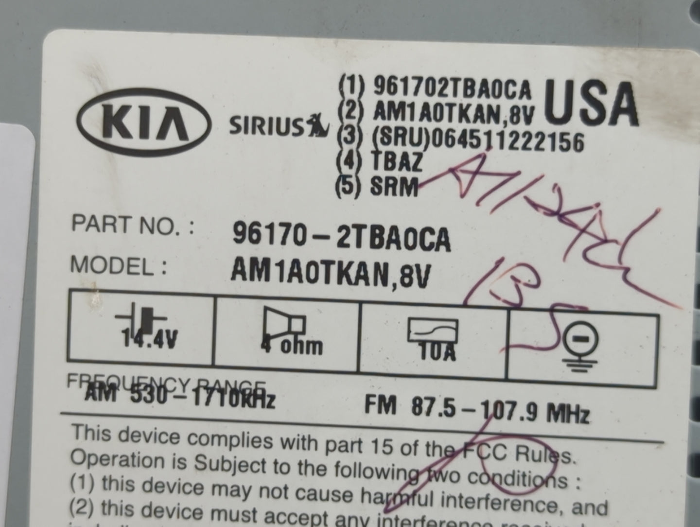 2014-2015 Kia Optima Radio AM FM Cd Player Receiver Replacement P/N:96170-2TBA0CA 961702TBA0CA, AM1A0TKAN,8V Fits Fits 2014 