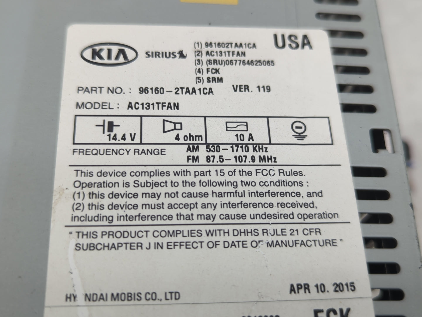 2014-2016 Kia Optima Radio AM FM Cd Player Receiver Replacement P/N:96160-2TAA1CA Fits Fits 2014 2015 2016 OEM Used Auto Par