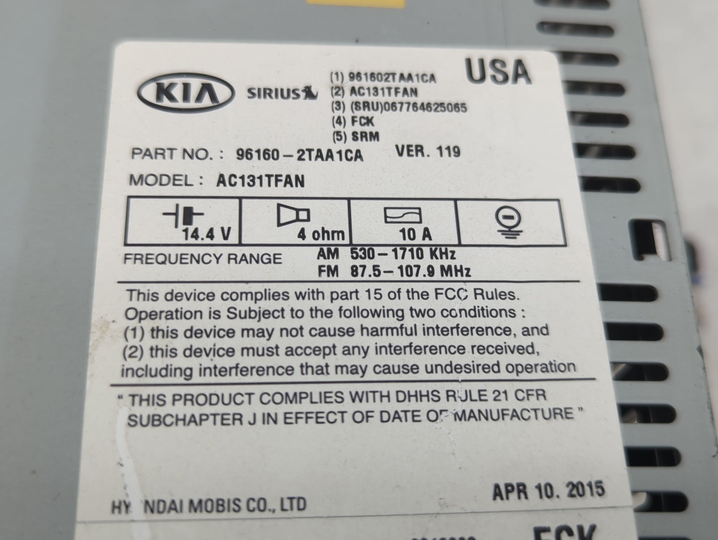 2014-2016 Kia Optima Radio AM FM Cd Player Receiver Replacement P/N:96160-2TAA1CA Fits Fits 2014 2015 2016 OEM Used Auto Par
