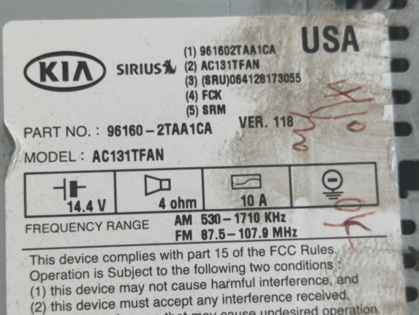 2015 Kia Optima Radio AM FM Cd Player Receiver Replacement P/N:96160-2TAA1CA Fits OEM Used Auto Parts - Oemusedautoparts1.co