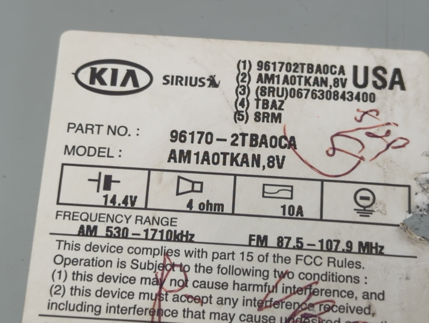 2014-2015 Kia Optima Radio AM FM Cd Player Receiver Replacement P/N:961702TBA0CA AM1A0TKAN8V, 962202T110 Fits Fits 2014 2015