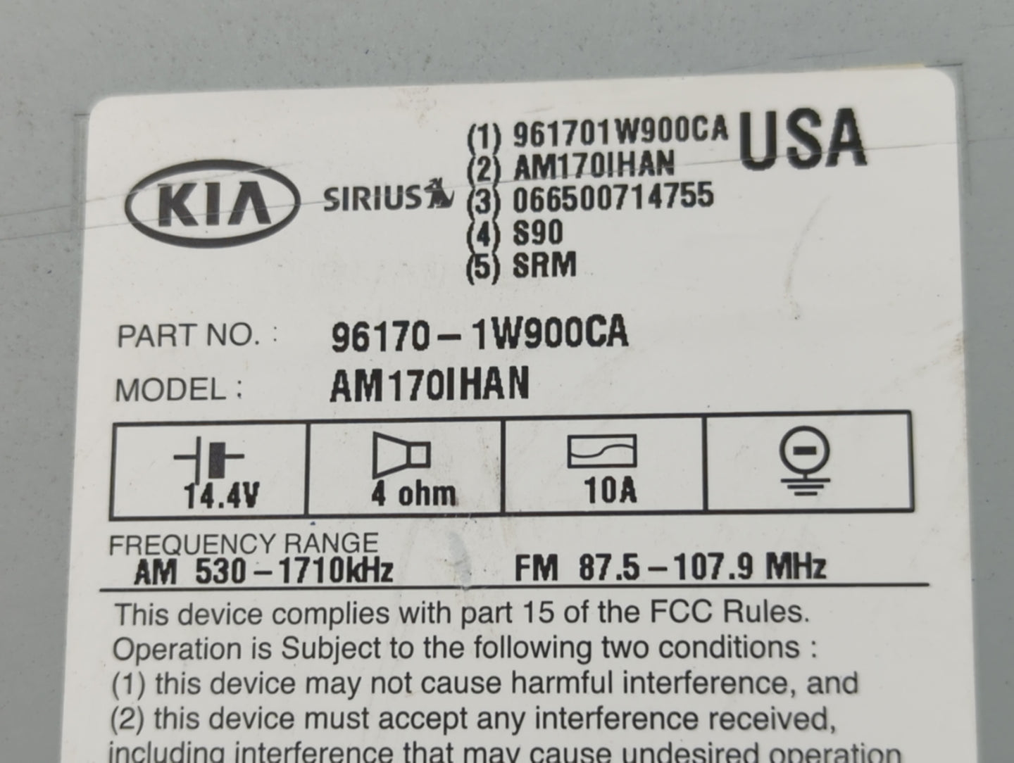 2012-2015 Kia Rio Radio AM FM Cd Player Receiver Replacement P/N:96170-1W900CA Fits Fits 2012 2013 2014 2015 OEM Used Auto P