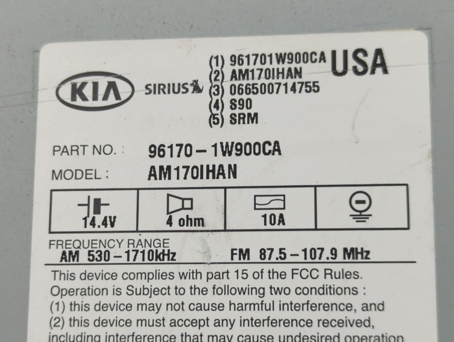 2012-2015 Kia Rio Radio AM FM Cd Player Receiver Replacement P/N:96170-1W900CA Fits Fits 2012 2013 2014 2015 OEM Used Auto P