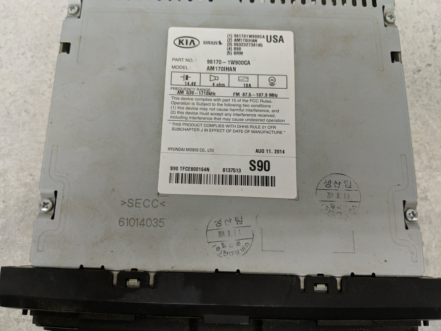 2012-2015 Kia Rio Radio AM FM Cd Player Receiver Replacement P/N:96170-1W900CA Fits Fits 2012 2013 2014 2015 OEM Used Auto P