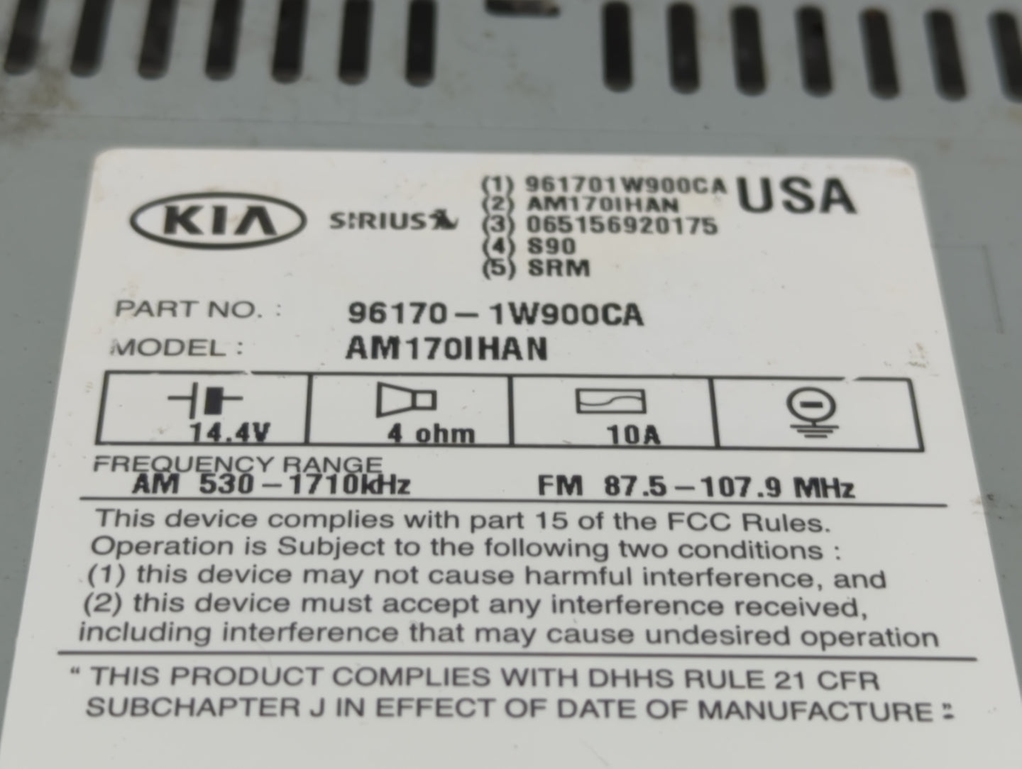 2012-2015 Kia Rio Radio AM FM Cd Player Receiver Replacement P/N:96170-1W900CA Fits Fits 2012 2013 2014 2015 OEM Used Auto P