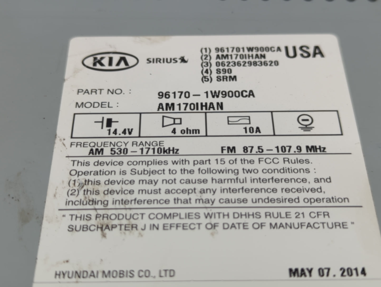 2012-2015 Kia Rio Radio AM FM Cd Player Receiver Replacement P/N:96170-1W900CA Fits Fits 2012 2013 2014 2015 OEM Used Auto P