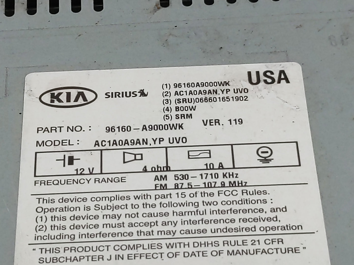 2015-2016 Kia Sedona Radio AM FM Cd Player Receiver Replacement P/N:96160-A9000WK Fits Fits 2015 2016 OEM Used Auto Parts - 