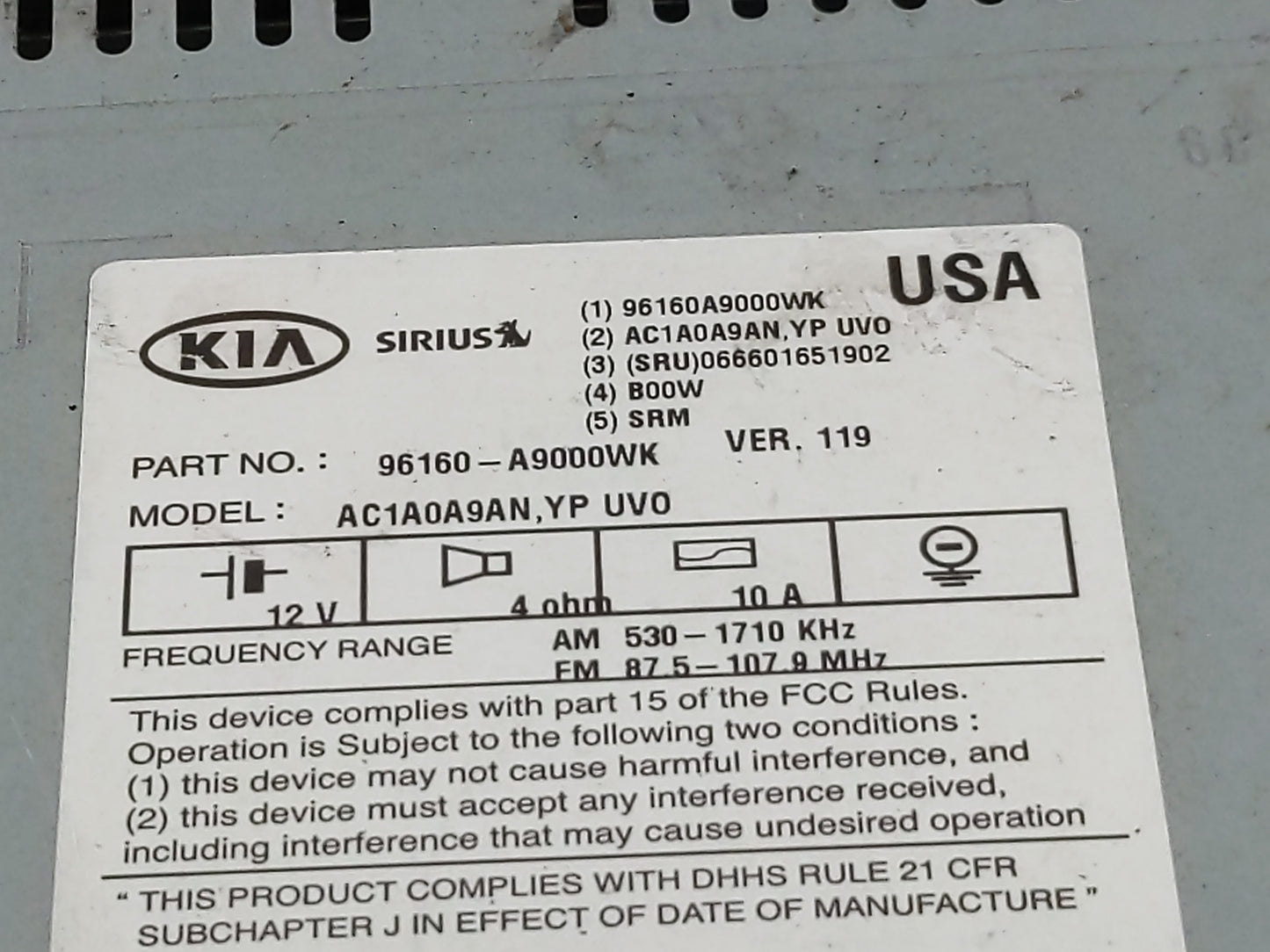 2015-2016 Kia Sedona Radio AM FM Cd Player Receiver Replacement P/N:96160-A9000WK Fits Fits 2015 2016 OEM Used Auto Parts - 