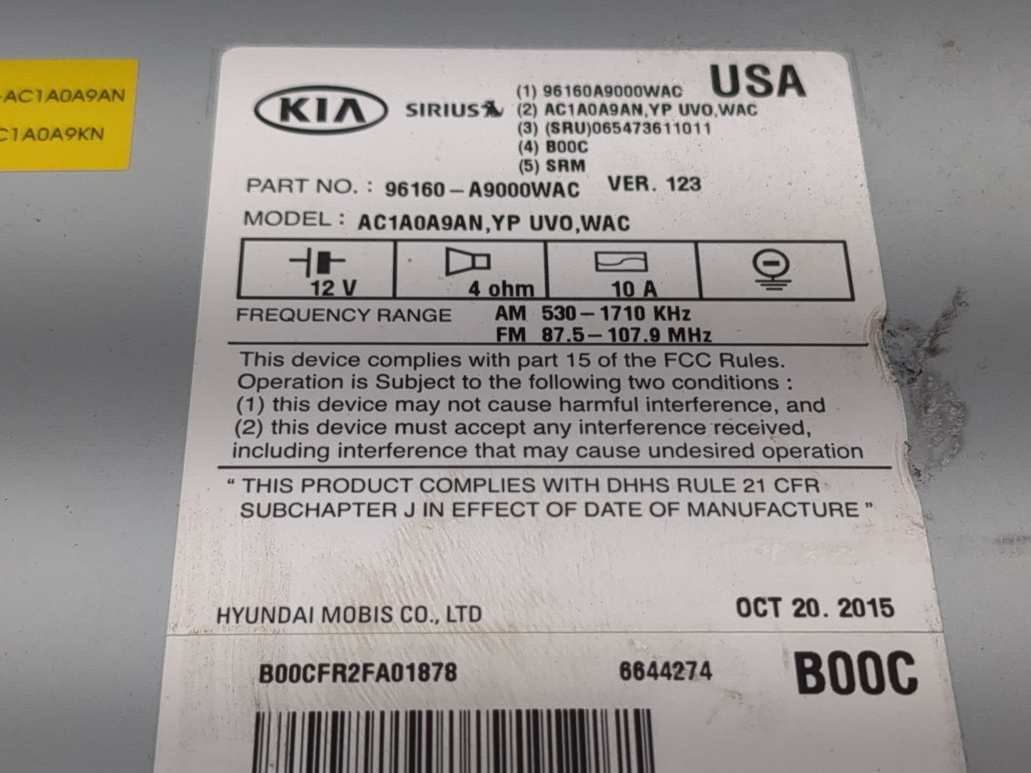 2015-2016 Kia Sedona Radio AM FM Cd Player Receiver Replacement P/N:96160-A9000WAC 96160-A9000WK Fits Fits 2015 2016 OEM Use