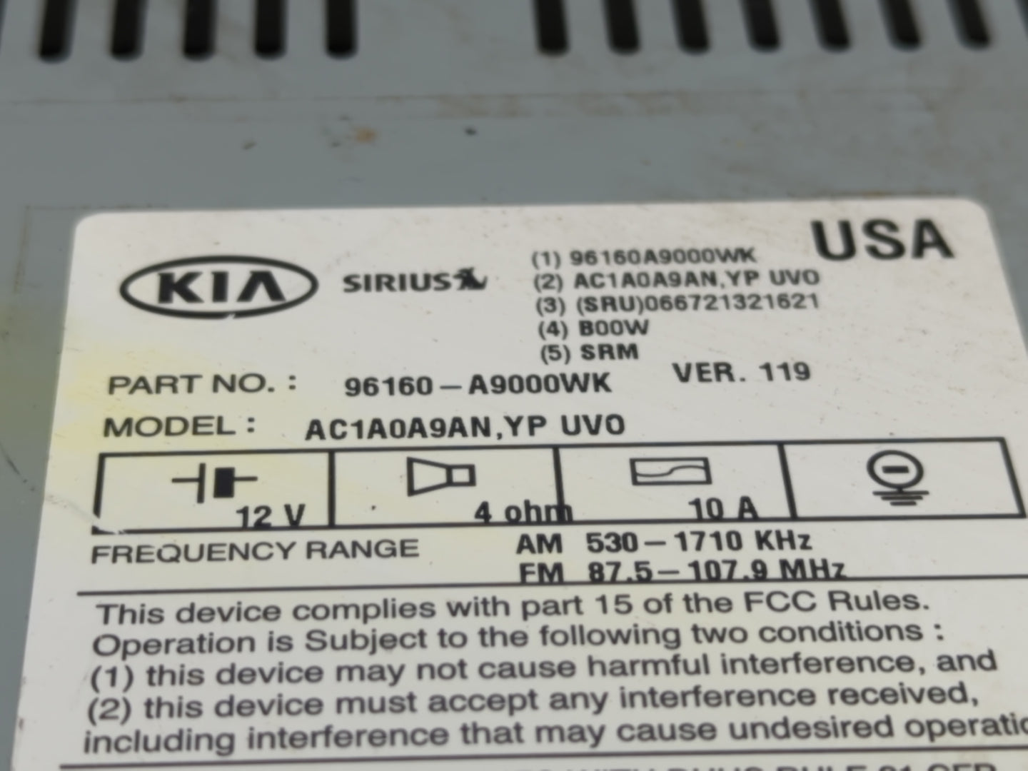 2015-2016 Kia Sedona Radio AM FM Cd Player Receiver Replacement P/N:96160-A9000WK Fits Fits 2015 2016 OEM Used Auto Parts - 