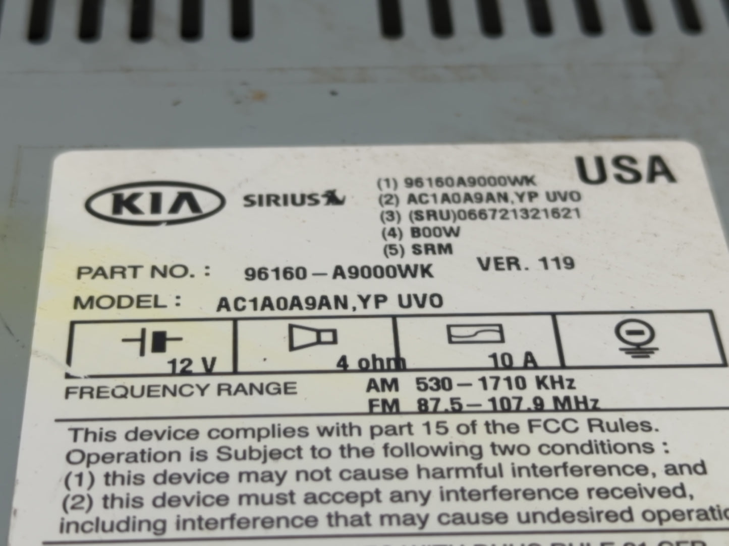 2015-2016 Kia Sedona Radio AM FM Cd Player Receiver Replacement P/N:96160-A9000WK Fits Fits 2015 2016 OEM Used Auto Parts - 