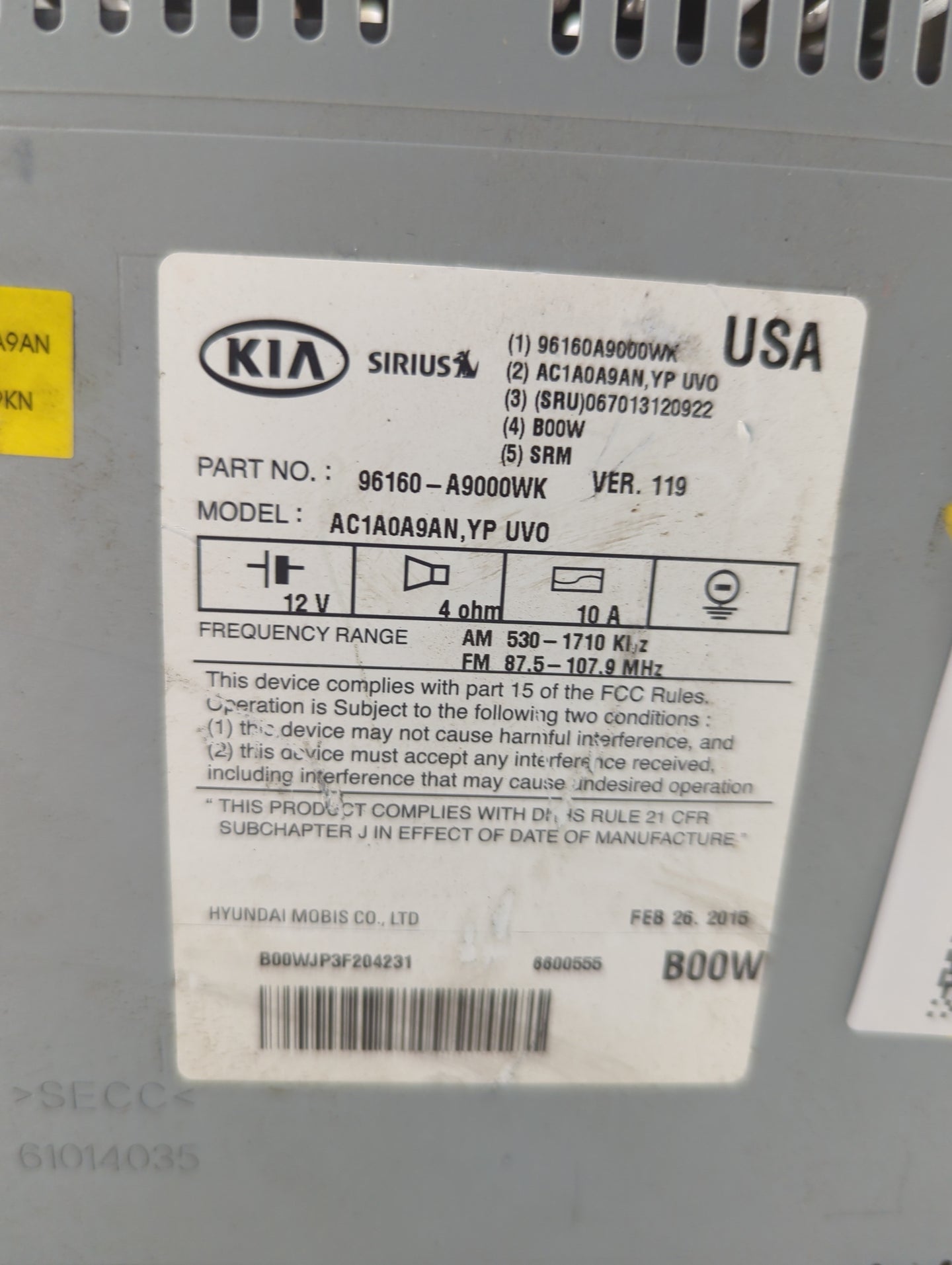 2015-2016 Kia Sedona Radio AM FM Cd Player Receiver Replacement P/N:96160-A9000WK AC1A0A9AN, YP UVO Fits Fits 2015 2016 OEM 