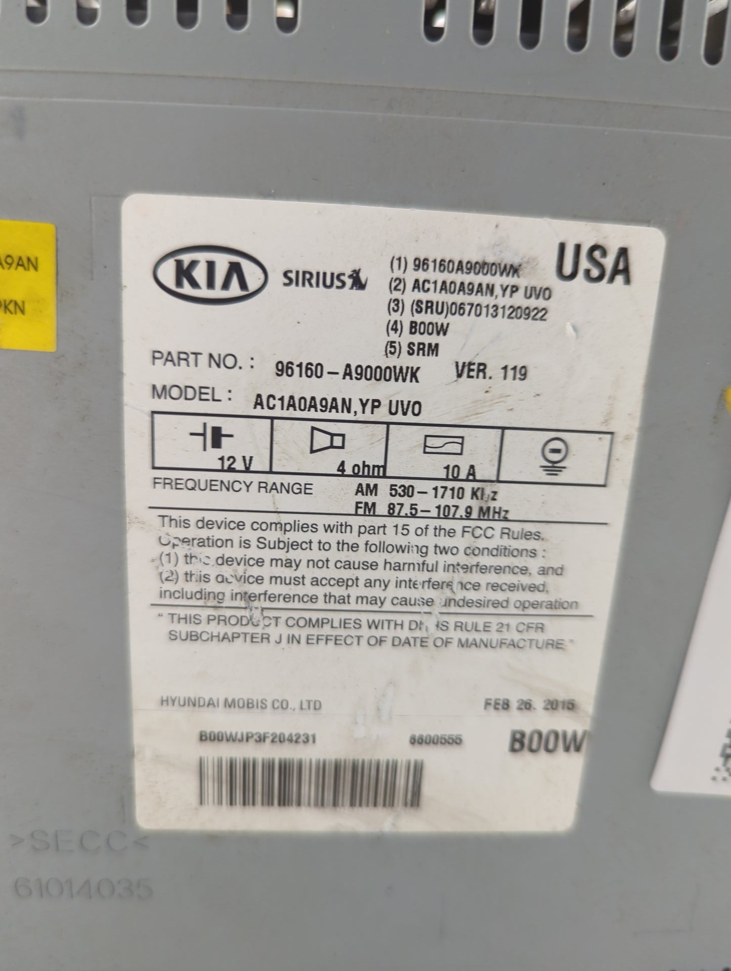 2015-2016 Kia Sedona Radio AM FM Cd Player Receiver Replacement P/N:96160-A9000WK AC1A0A9AN, YP UVO Fits Fits 2015 2016 OEM 