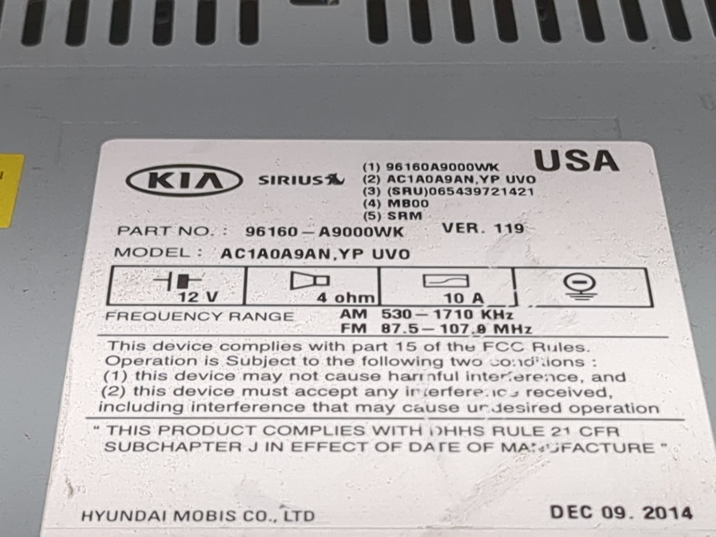 2015-2016 Kia Sedona Radio AM FM Cd Player Receiver Replacement P/N:96160A9000WK AC1A0A9AN, 065439721421 Fits Fits 2015 2016