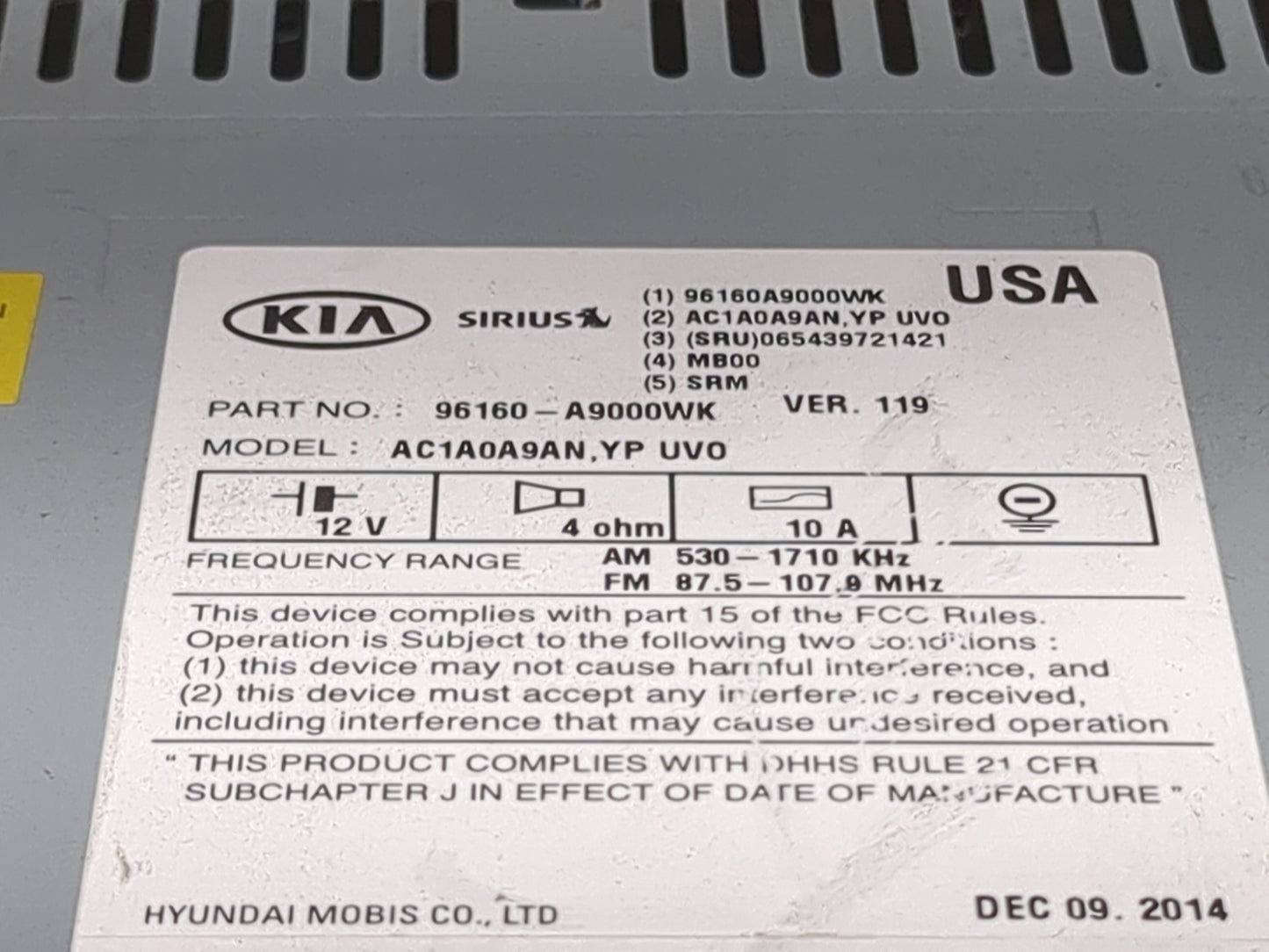 2015-2016 Kia Sedona Radio AM FM Cd Player Receiver Replacement P/N:96160A9000WK AC1A0A9AN, 065439721421 Fits Fits 2015 2016