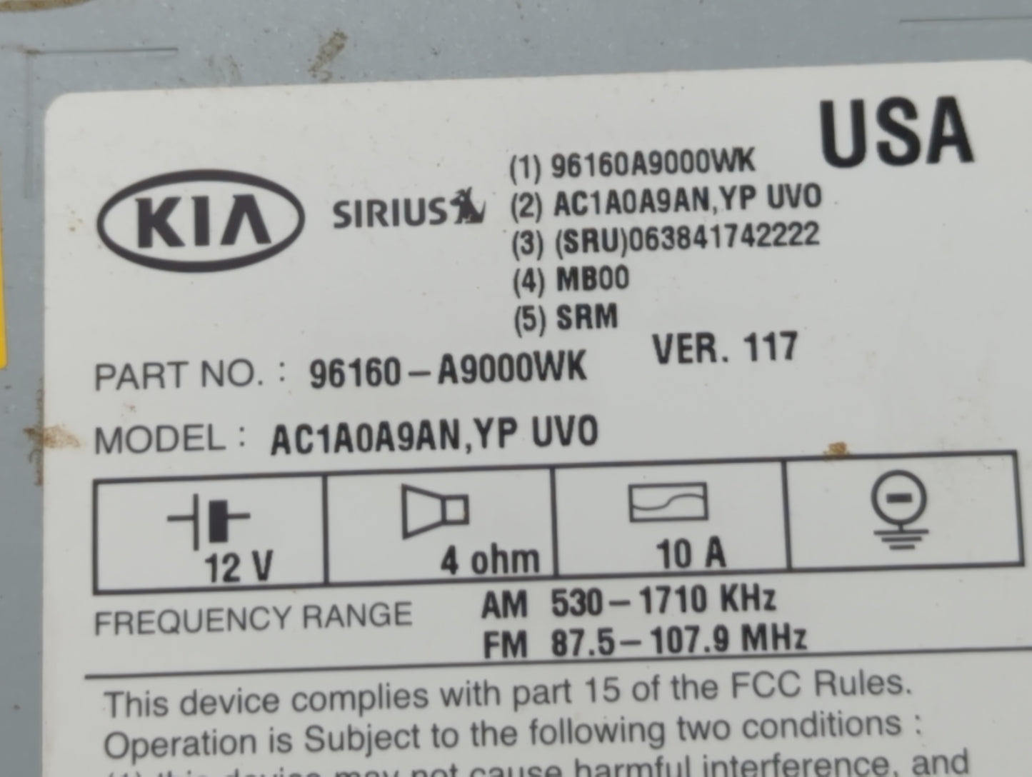 2015-2016 Kia Sedona Radio AM FM Cd Player Receiver Replacement P/N:96160-A9000WK Fits Fits 2015 2016 OEM Used Auto Parts - 