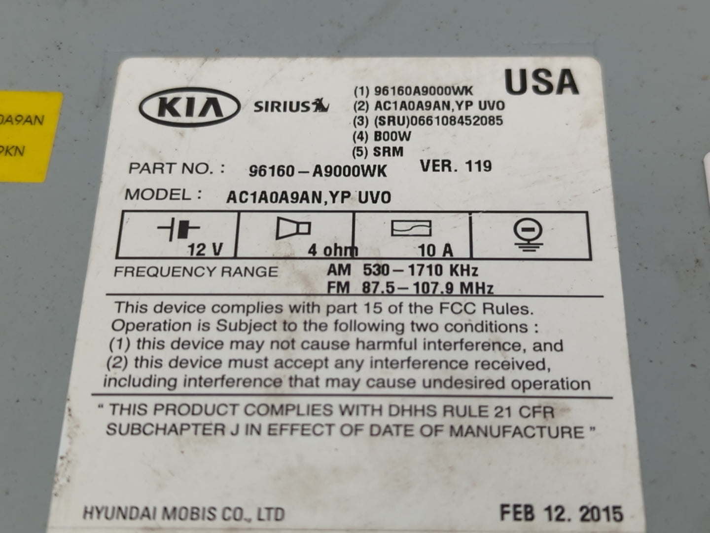 2015-2016 Kia Sedona Radio AM FM Cd Player Receiver Replacement P/N:96160-A9000WK Fits Fits 2015 2016 OEM Used Auto Parts - 