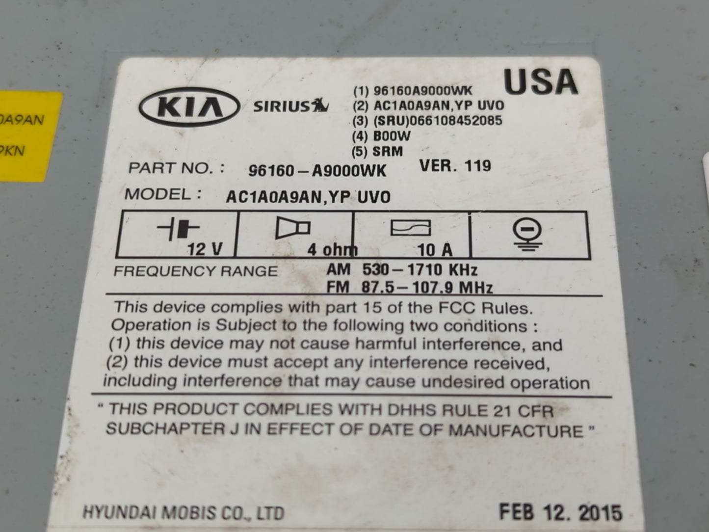2015-2016 Kia Sedona Radio AM FM Cd Player Receiver Replacement P/N:96160-A9000WK Fits Fits 2015 2016 OEM Used Auto Parts - 