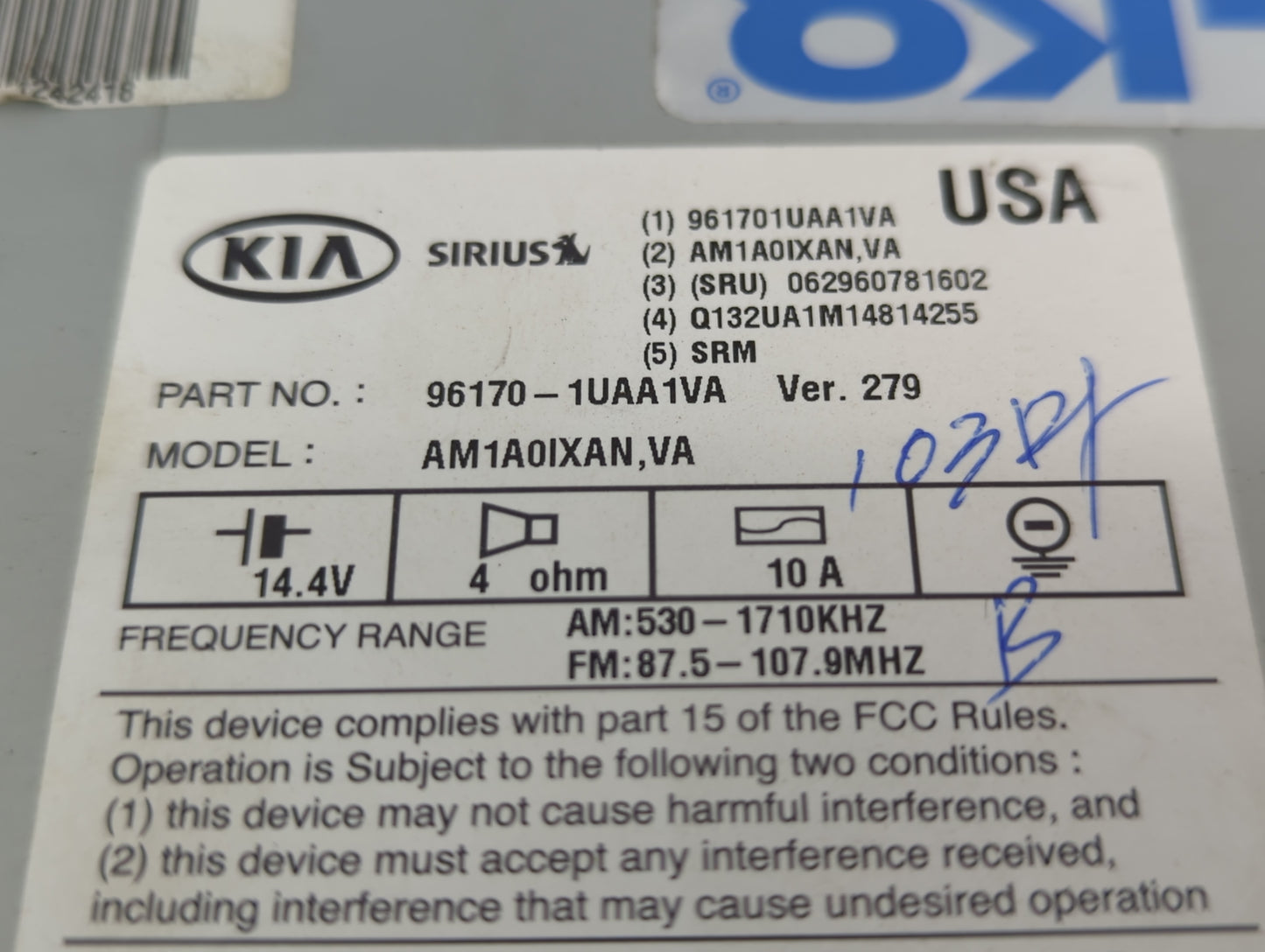 2014-2015 Kia Sorento Radio AM FM Cd Player Receiver Replacement P/N:96170-1UAA1VA Fits Fits 2014 2015 OEM Used Auto Parts -