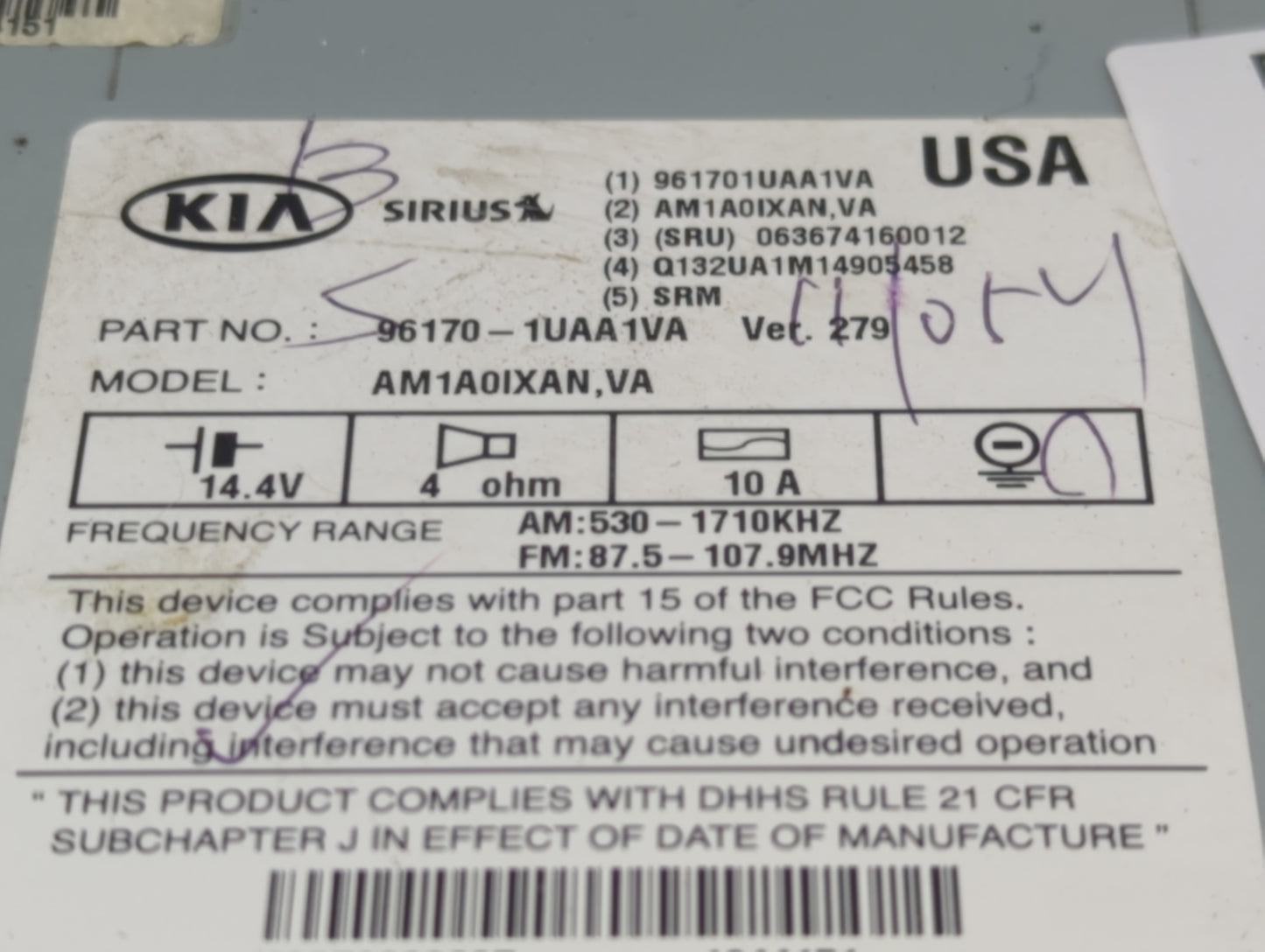 2015 Kia Sorento Radio AM FM Cd Player Receiver Replacement P/N:96170-1UAA1VA AM1A0IXAN VA, 961701UAA1VA Fits OEM Used Auto 