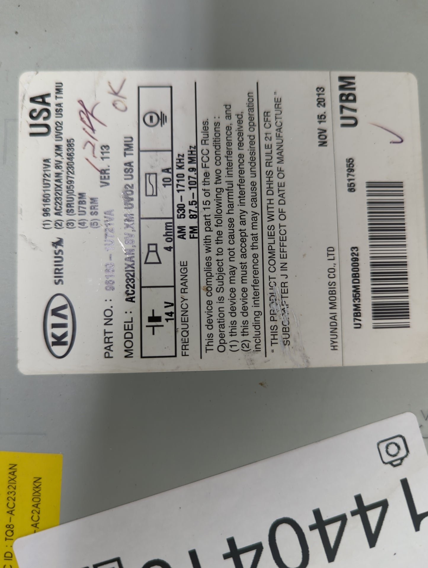 2015 Kia Sorento Radio AM FM Cd Player Receiver Replacement P/N:96160-1U721VA AC232IXAN, U7BM, TQ8-AC232IXAN, AC2A0IXKN Fits