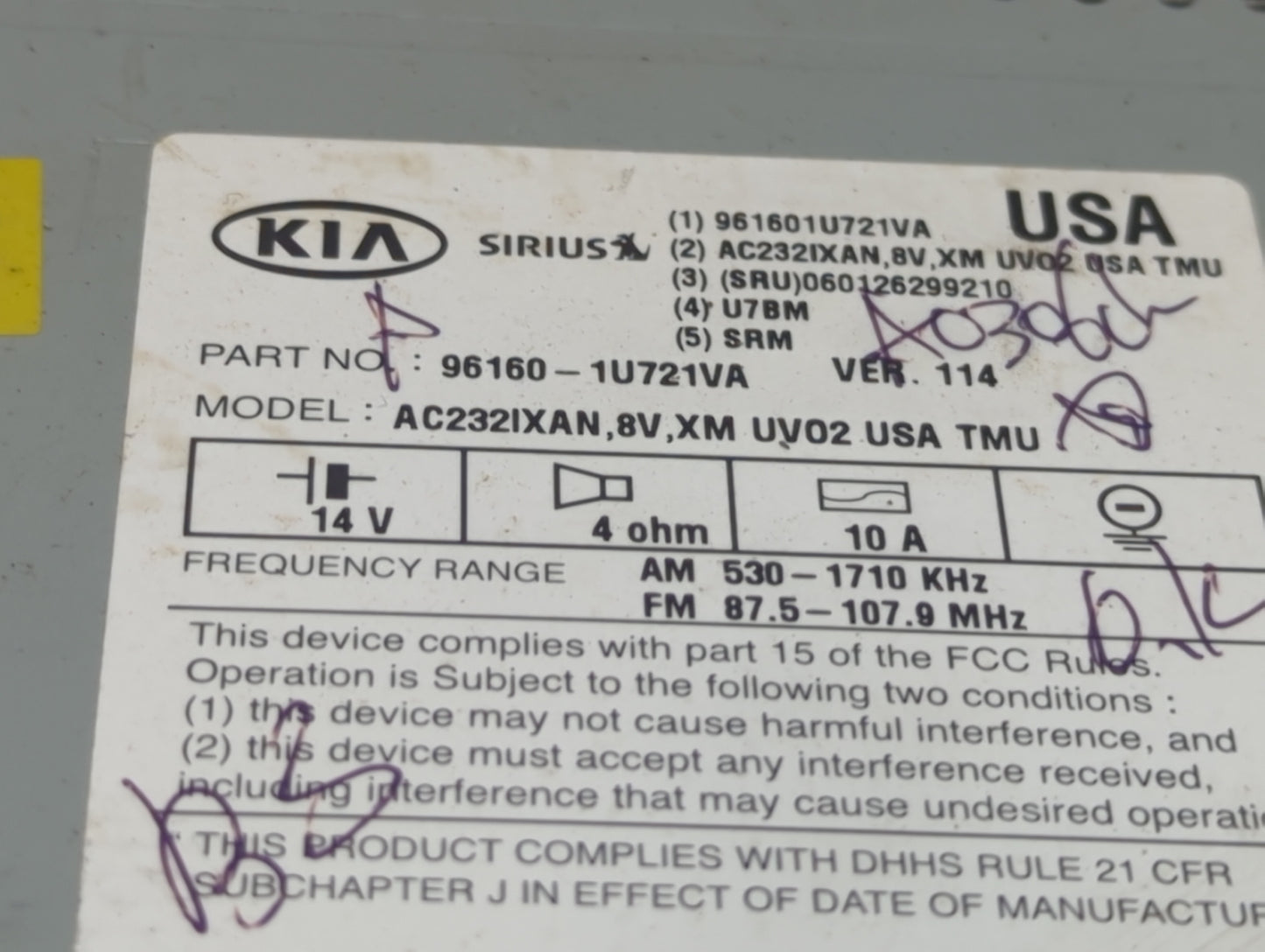 2014-2015 Kia Sorento Radio AM FM Cd Player Receiver Replacement P/N:96160-1U721VA AC232IXAN Fits Fits 2014 2015 OEM Used Au