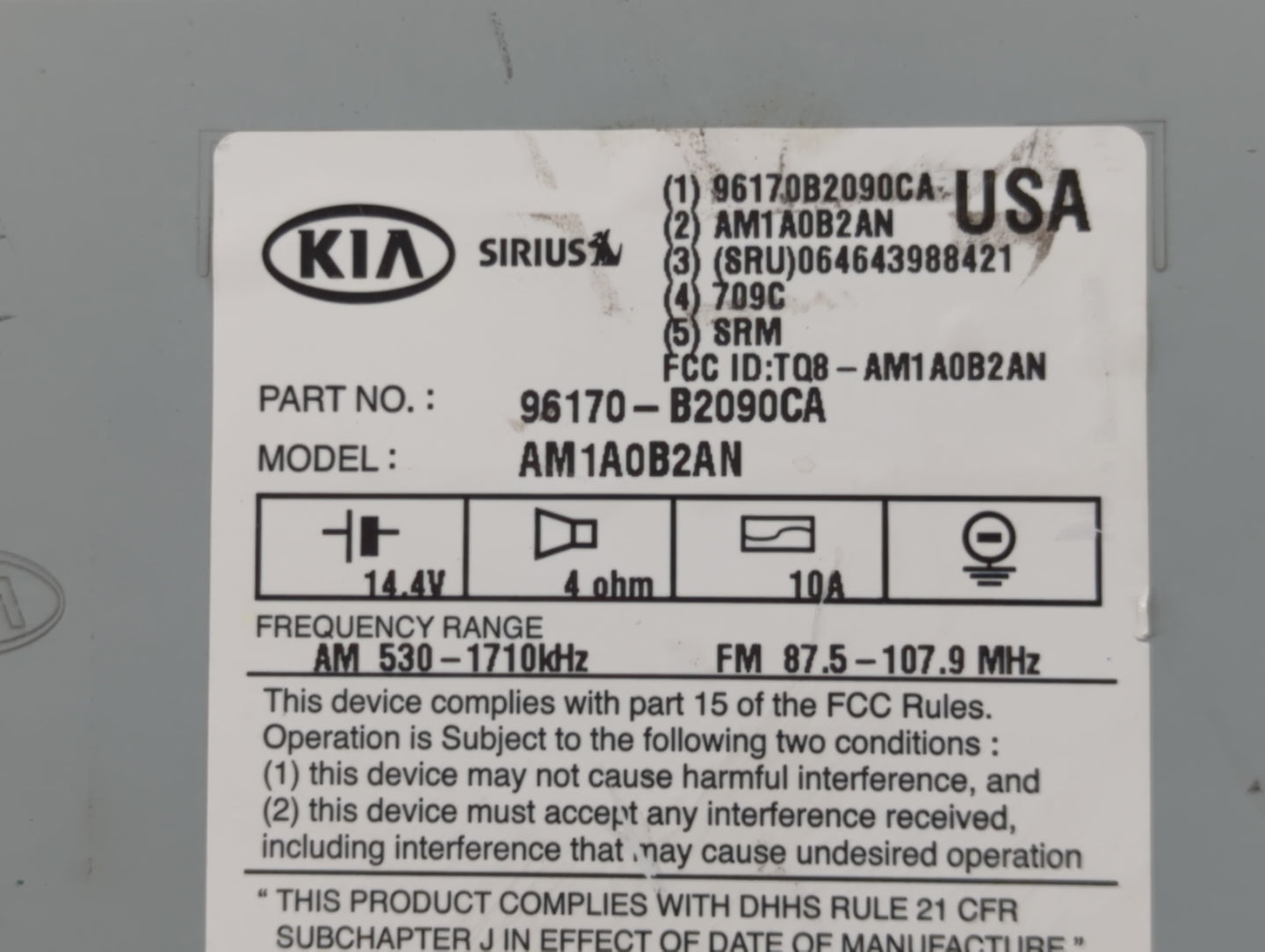 2014-2016 Kia Soul Radio AM FM Cd Player Receiver Replacement P/N:96170-B2090CA Fits Fits 2014 2015 2016 OEM Used Auto Parts