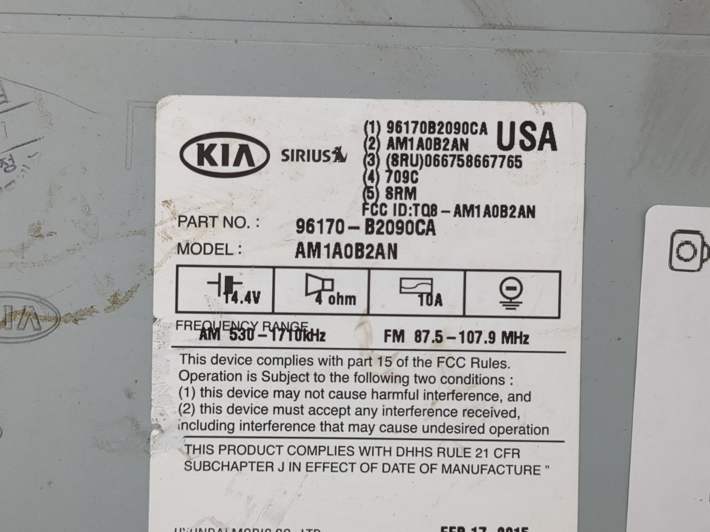 2014-2016 Kia Soul Radio AM FM Cd Player Receiver Replacement P/N:96170-B2090CA Fits Fits 2014 2015 2016 OEM Used Auto Parts
