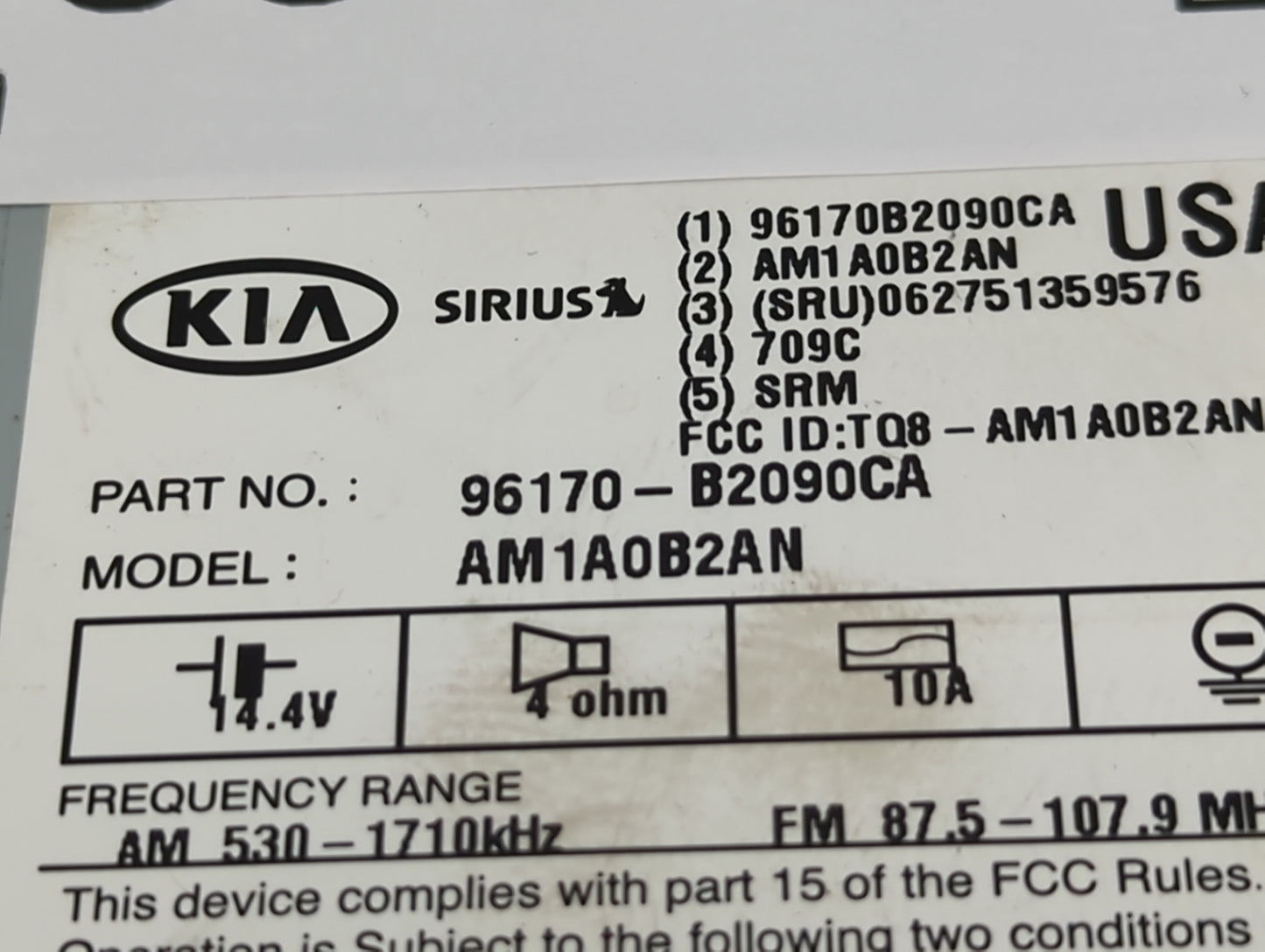 2014-2016 Kia Soul Radio AM FM Cd Player Receiver Replacement P/N:96170-B2090CA Fits Fits 2014 2015 2016 OEM Used Auto Parts