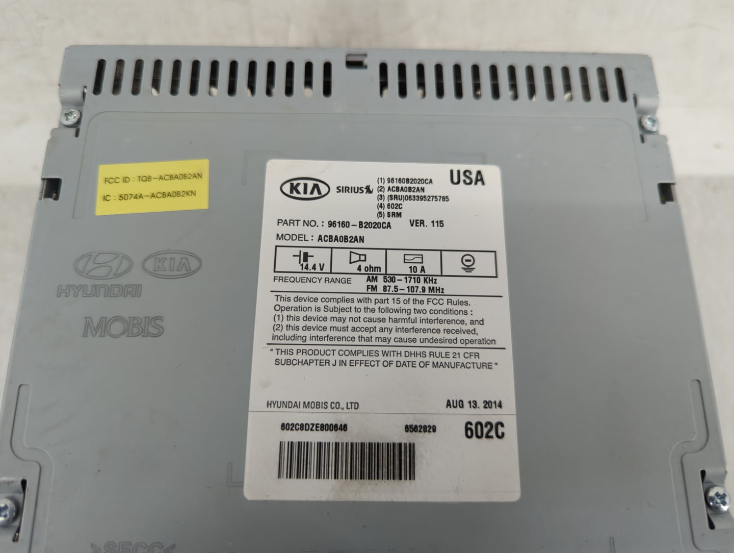 2014-2016 Kia Soul Radio AM FM Cd Player Receiver Replacement P/N:96160-B2020CA Fits Fits 2014 2015 2016 OEM Used Auto Parts