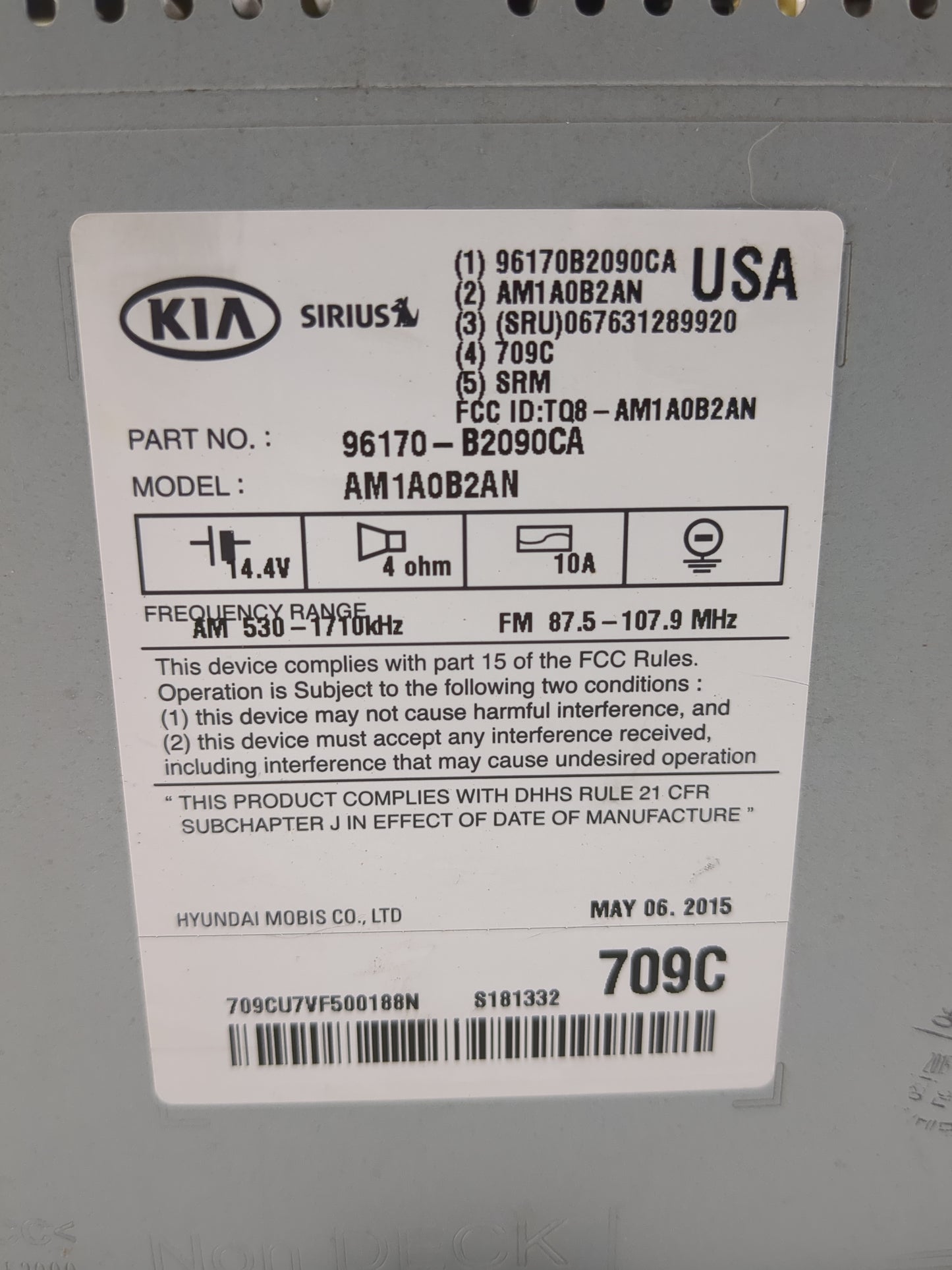 2014-2016 Kia Soul Radio AM FM Cd Player Receiver Replacement P/N:96170-B2090CA Fits Fits 2014 2015 2016 OEM Used Auto Parts