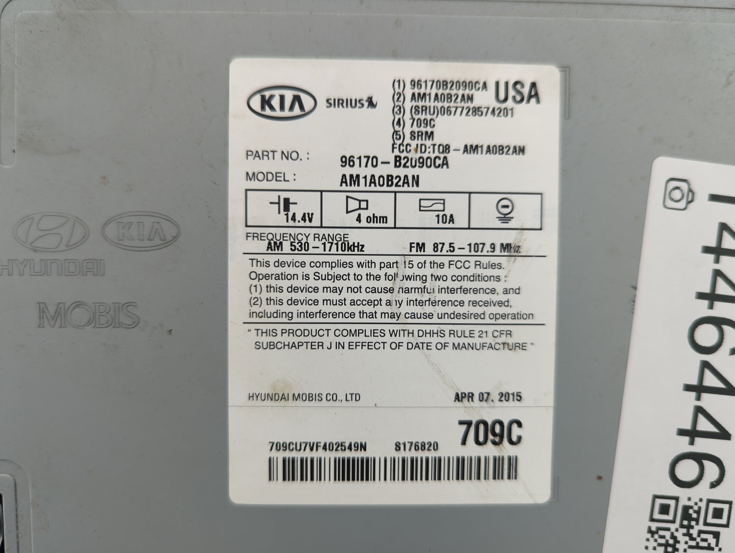 2014-2016 Kia Soul Radio AM FM Cd Player Receiver Replacement P/N:96170-B2090CA AM1A0B2AN, TQ8-AM1A0B2AN Fits Fits 2014 2015
