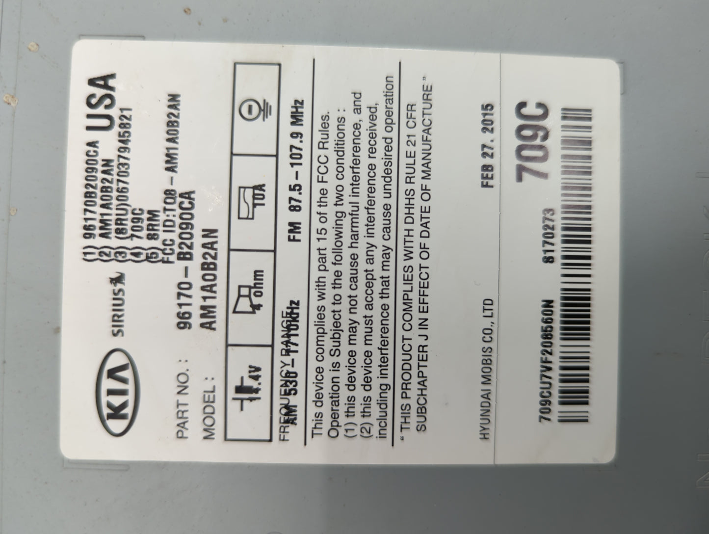 2014-2016 Kia Soul Radio AM FM Cd Player Receiver Replacement P/N:96170-B2090CA Fits Fits 2014 2015 2016 OEM Used Auto Parts