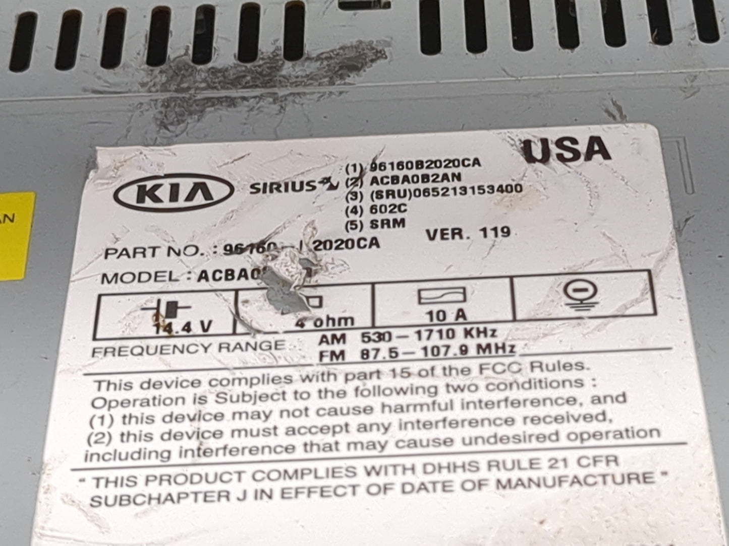 2014-2016 Kia Soul Radio AM FM Cd Player Receiver Replacement P/N:96160B2020CA ACBA0B2AN Fits Fits 2014 2015 2016 OEM Used A