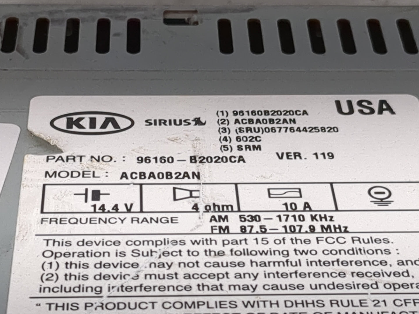 2014-2016 Kia Soul Radio AM FM Cd Player Receiver Replacement P/N:96160B2020CA ACBA0B2AN Fits Fits 2014 2015 2016 OEM Used A
