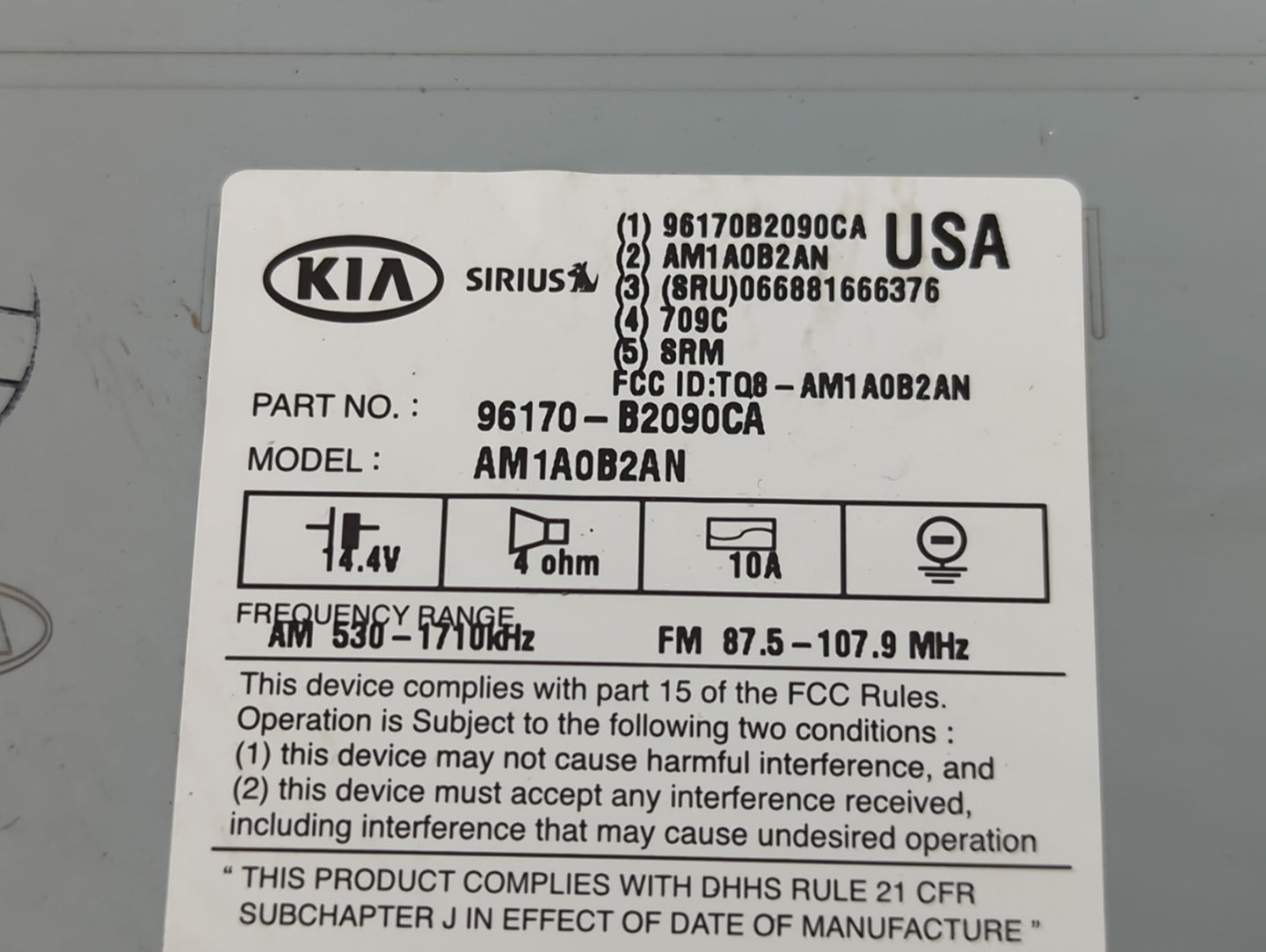 2014-2016 Kia Soul Radio AM FM Cd Player Receiver Replacement P/N:96170-B2090CA Fits Fits 2014 2015 2016 OEM Used Auto Parts