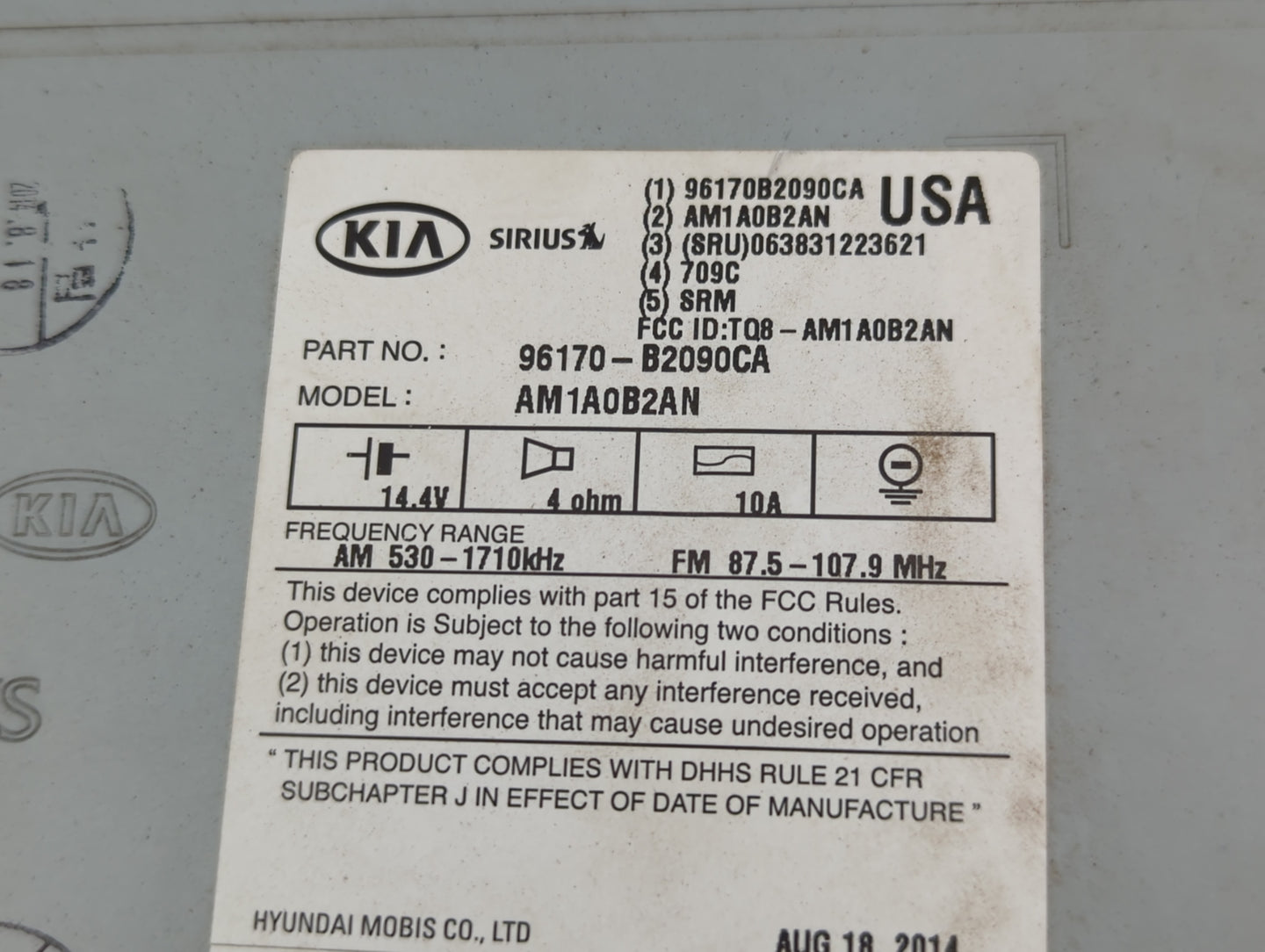 2014-2016 Kia Soul Radio AM FM Cd Player Receiver Replacement P/N:96170-B2090CA Fits Fits 2014 2015 2016 OEM Used Auto Parts